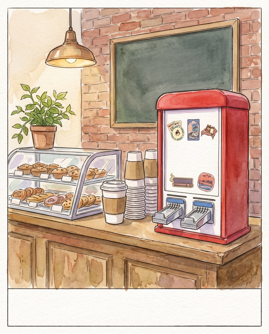 Watercolor postcard of the sticker machine at the end of a cafe counter with to-go cups