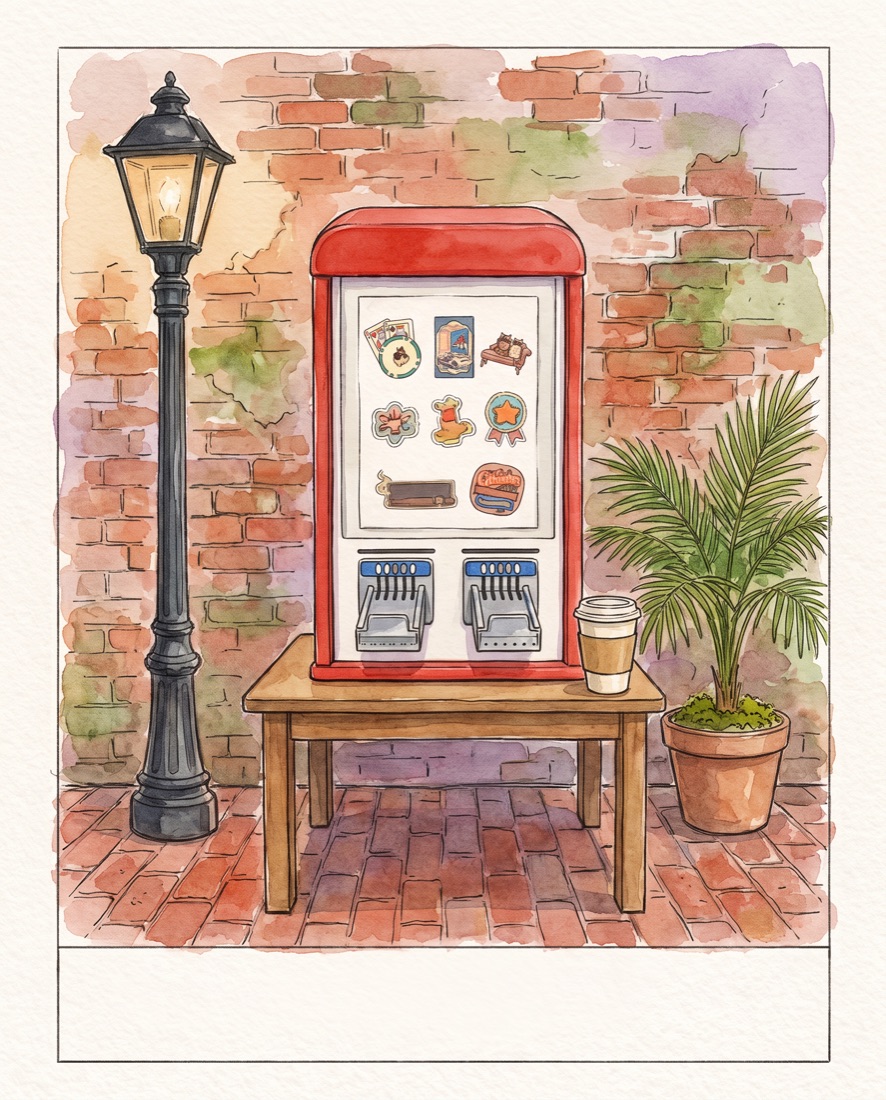 Watercolor postcard of a red sticker vending machine against an Ybor City brick wall, beside a street lamp and a cafe con leche