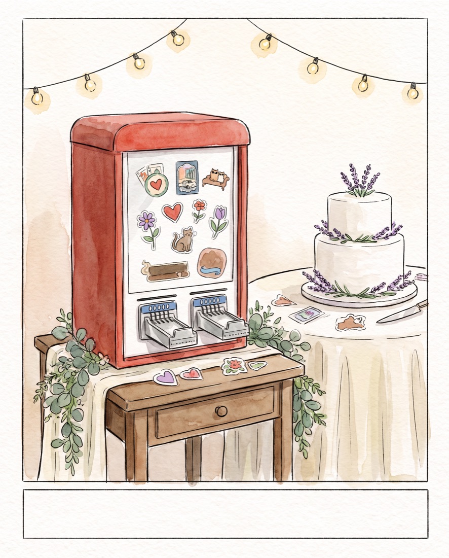 Watercolor postcard of the sticker machine beside a wedding cake topped with lavender