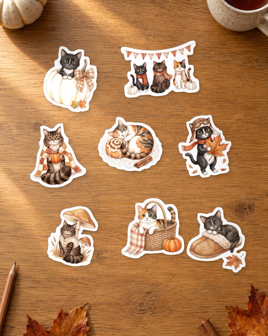 Eight hand-cut illustrated cat stickers on a wooden table: cats in scarves, a cat on a cinnamon roll, a cat in a slipper